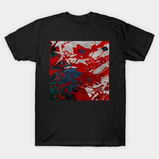 Red Blue and Gray Abstract Flower Collage T-Shirt by WesternExposure